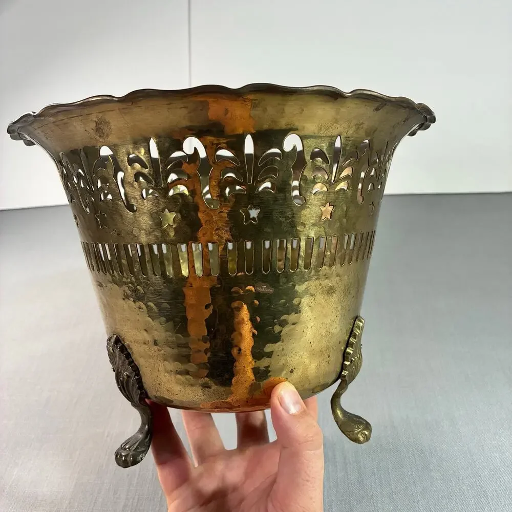 Vintage Solid Brass Planter Cachepot Jardiniere Pierced Footed Made In India